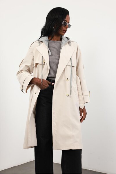 5in1Canpolat Bej Çıkarılabilir Kapüşonlu Trençkot 87109