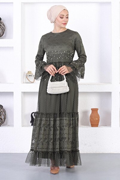 Missvalle Βραδινό φόρεμα με μανίκια με δαντέλα με πέρλες Χακί 12213