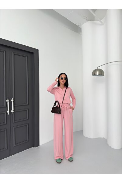 BEJNA Damen-Sportanzug aus rosafarbenem Modal mit Polokragen und langen Ärmeln und weichem Griff