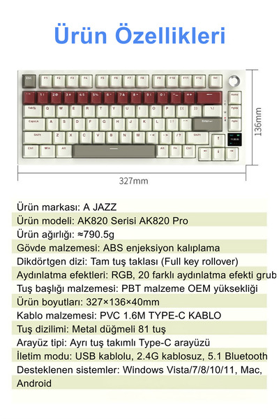 Coverzone Ajazz Ak820 Pro Mekanik Rgb Oyun Klavyesi,3 Modlu Tft Renkli Ekran Cnc Düğmeli 81 Tuş Krem Kırmızı