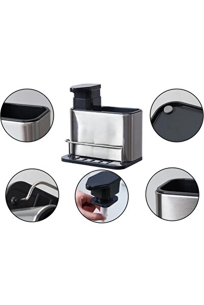 zola 3 in 1 kitchen dispenser liquid detergent, 340 ml, brush + sponge space, stainless steel/plastic, 19x18x13 cm