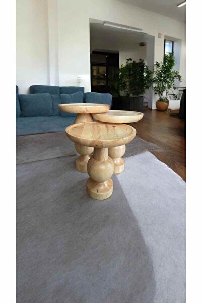 Simillo Home&Living Masif Ahşap Mantar Sehpa – 3’lü Naturel Renk Doğal Zigon Sehpa ve Fiskos Takımı