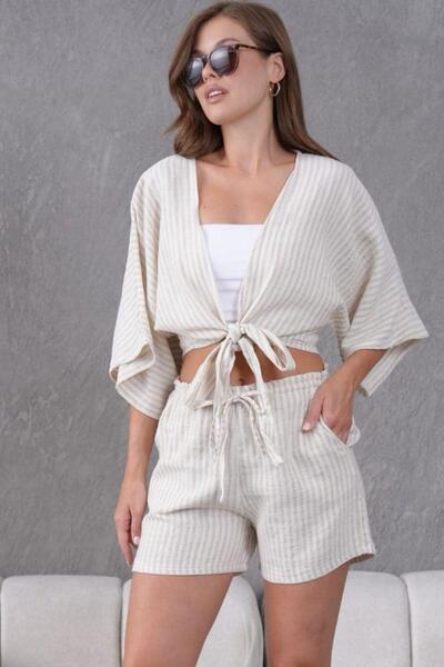 Rovebella Bej Keten Kumaş Kadın Şort