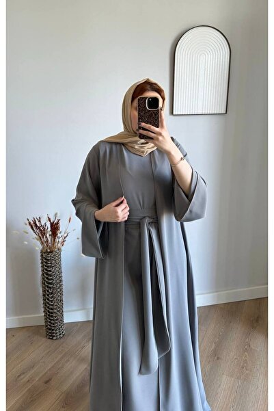 Abaya-AB Gri Dubai Kumaş Ferace Tesettür Abiye Kap