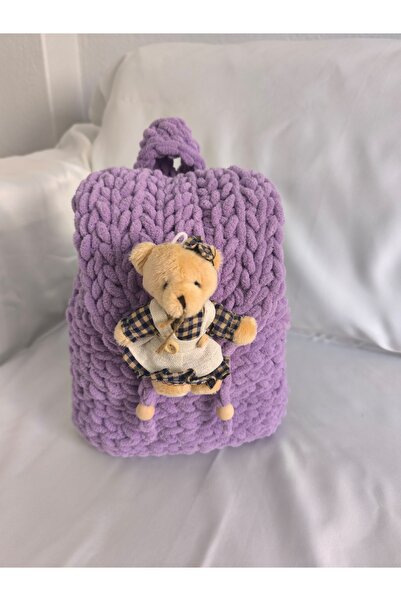 OEM El Yapımı Çocuk Sırt Çantası, Mor 25 cm x 20 cm, Ayıcık Detaylı