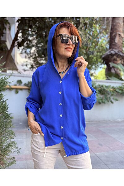 DenizEge Viscose Hooded Shirt Saks Blue