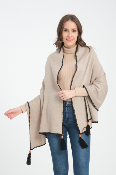 VEGA MODA شال كتف محبوك أنيق بتطريز مستقيم وشرائط، تصميم بونشو أنيق ومريح، شا...