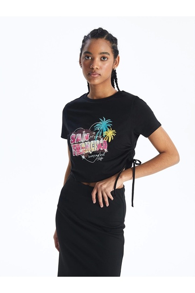 LC Waikiki Crop XSIDE negru cu mânecă scurtă imprimat cu decolteu pentru cicl...