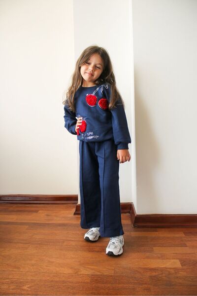 MUMİKİDS Cherry Printed Girls' Double Bottom Top Winter Tracksuit Set