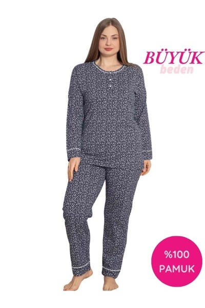 bie's Women's Crew Neck Plus Size Navy Blue Floral Pattern 3 Button Seasonal Long Sleeve Pajama Set