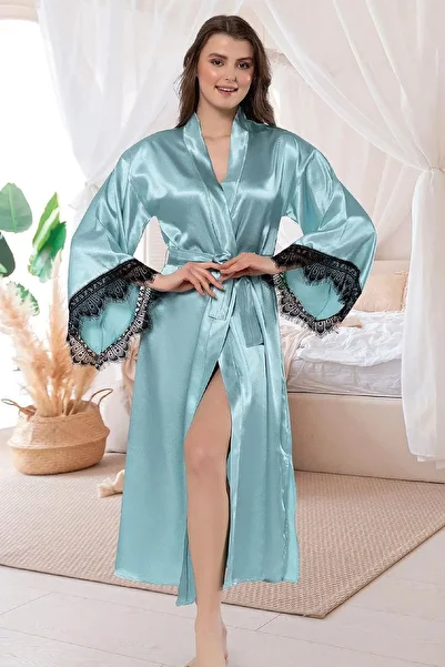 FAAL 5903 Women's Satin Long Sleeve Lace Detailed Long Dressing Gown-Mint