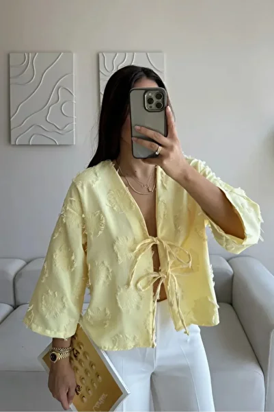 GALAVİP Women's Tassel Detailed Lace-Up Premium Linen Shirt