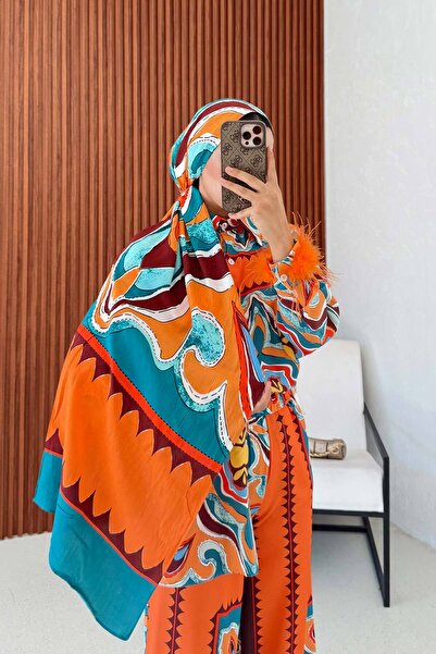 Melike Tatar Desenli Şal 32-507 STD ORANJ
