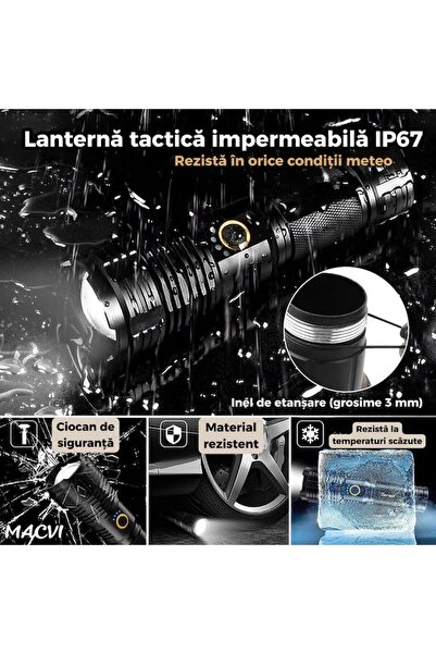 MACVI Macvi® Professional LED Flashlight 500m+, Aluminum, 4.2V, IP67, Battery Included, 12h Operation