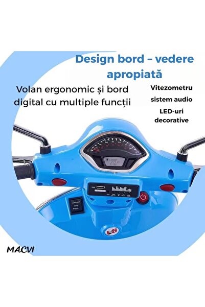 MACVI Macvi® scooter 3-8 years, Vespa design, with 2 x 6V, lights, audio system up to 6 km/h, Blue