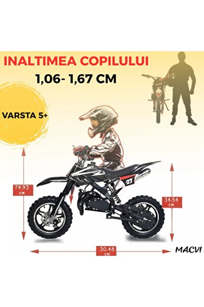 MACVI Macvi® cross motorcycle for children 49cc, petrol engine ideal for off road, Black