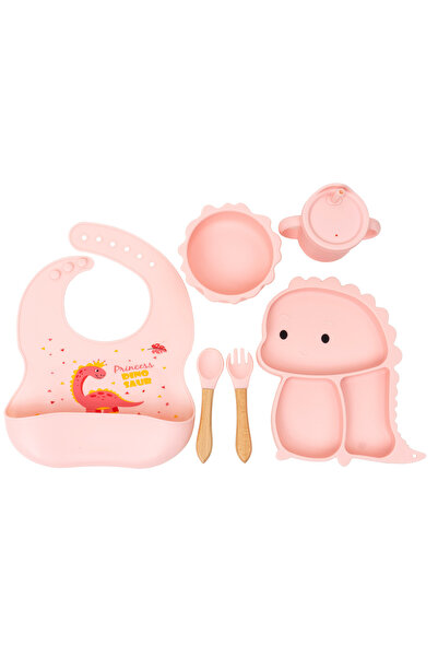 Z-Tools Set 6 piese pentru hrănirea bebelușilor, silicon, model dinozaur, roz...