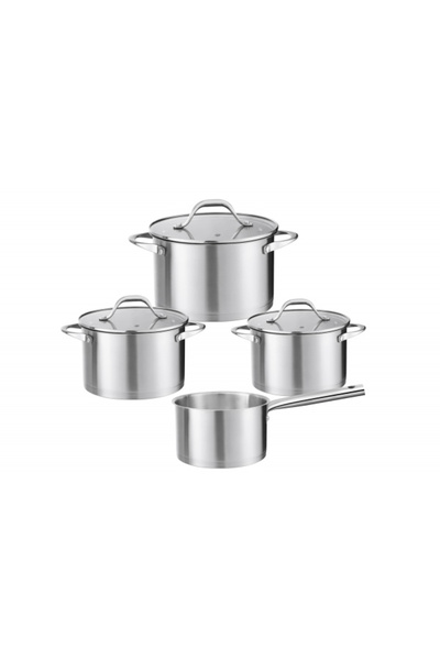 Zilan Set pots, 7 stainless steel pieces, composed of 3 pots, 1 saucepan with handle and 3 glass lids ZILA