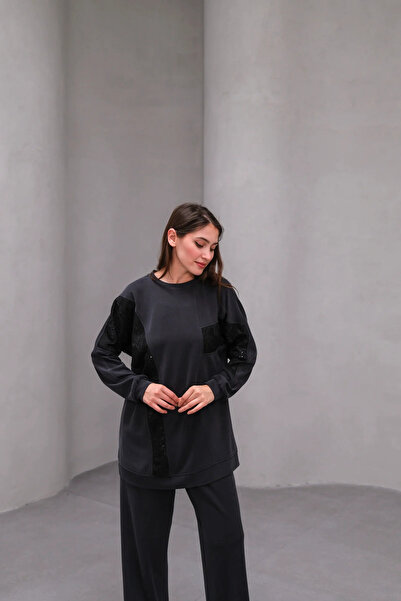 BZ BUTİK Knitted Cupra Fabric Patterned Double Set with Mesh Fabric Details