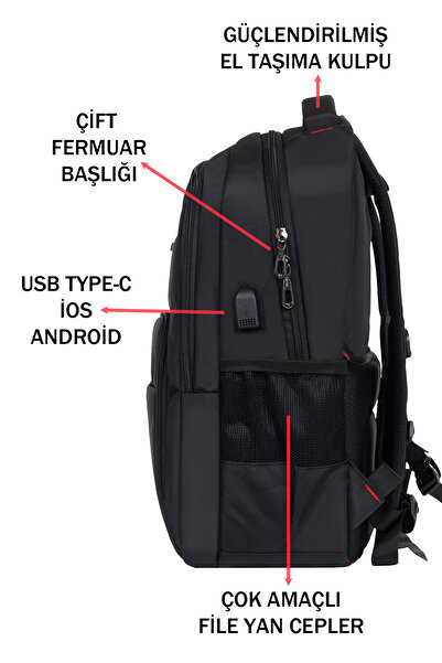 Dada Unisex Siyah Okul Sırt Çantası Orta Boy USB Type-C Laptop Bölmeli Su Geçirmez Kumaş Lise Üniversite