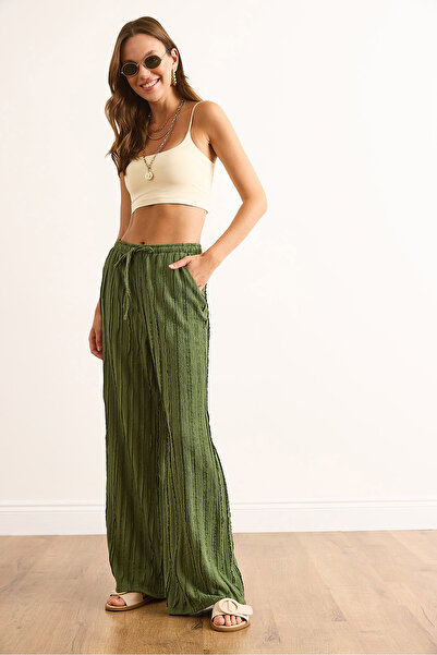 Olalook Kadın Haki Dokulu Beli Lastikli Cepli Dökümlü Pantolon PNT-19000333