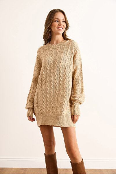 Olalook Women's Beige Tiny Hair Braided Knitwear Tunic Dress Elb-19002534