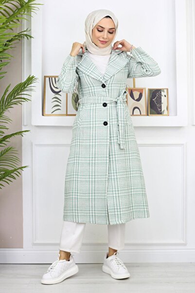 Missvalle Plaid Şanel Kaşe Coat Mint 19137