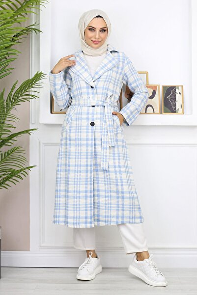 Missvalle Καρό Şanel Kaşe Παλτό Μπλε 19137