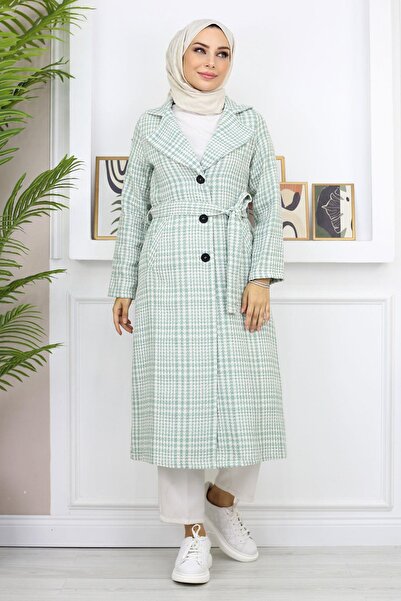 Missvalle Plaid Şanel Kaşe Coat Mint 19137