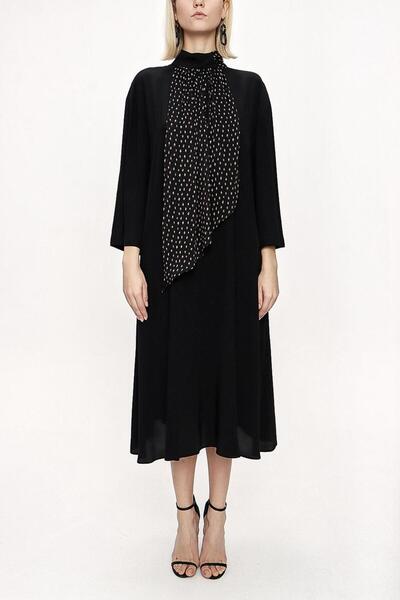 SOCIETA Siyah Kontrast kumaş detaylı bol kesim elbise 94119