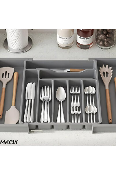 MACVI Macvi® 8-compartment expandable organizer for cutlery and kitchen utensils, Gray