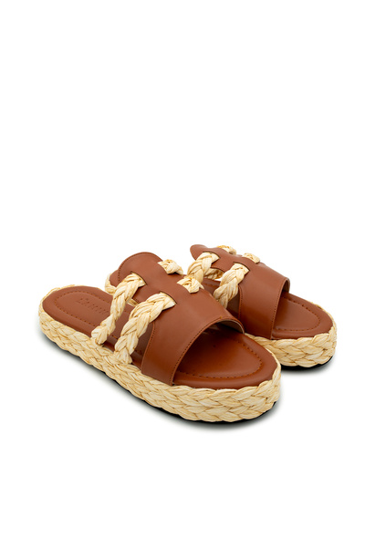 LAMİNTA Frida Tan Straw Striped Women's Slippers