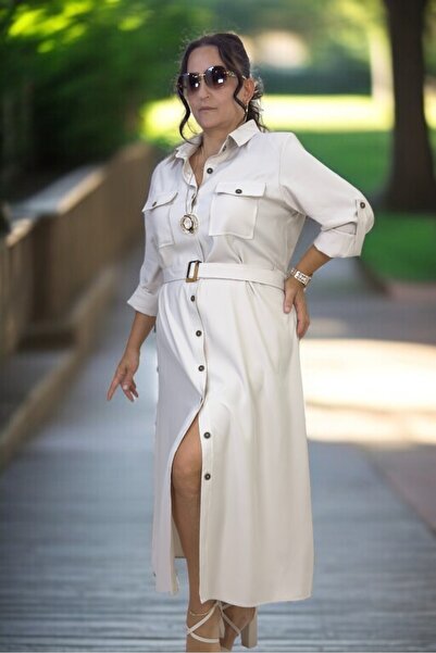 yagmurberen Boydan Buttoned Belt Double Chest Pocket Folding Sleeve Detail Cupro Fabric Plus Size Dress