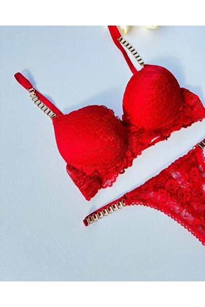 Gold Night Kadın Kırmızı Dantelli Zincir Detaylı Balenli Destekli Dolgulu Sütyen Takımı Iç Çamaşırı Takımı