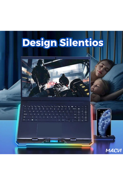 MACVI Macvi® RGB laptop cooler, 5 fans, speeds 1200-2400 rpm, 2 USB ports, 40x28 cm