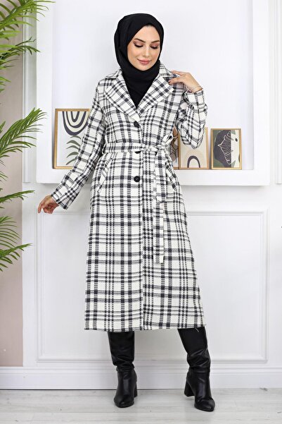 Missvalle Plaid Şanel Kaşe Coat White 19137