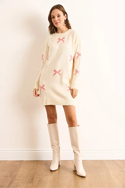 Olalook Women's Ecru Bow Detailed Knitwear Tunic Dress Elb-19002533