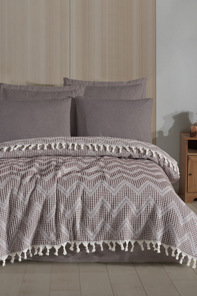 Enlora Home Çok Amaçlı Pike Seti Çift Kişilik Zigzag Kahve (3 Parça)