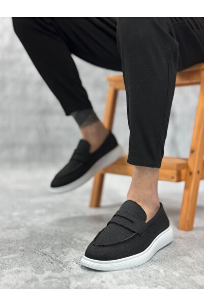 BOA BA0355 Чоловічі туфлі без шнурівки лляні чорні класичні Corcik