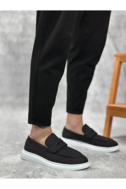 BOA BA0355 Чоловічі туфлі без шнурівки лляні чорні класичні Corcik