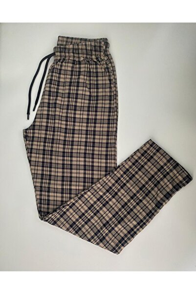 DÜVEN Pantaloni de pijama unisex din bumbac cu model în carouri, bej camel, cu buzunare