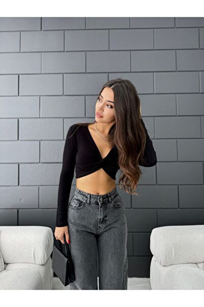 Butik kadın siyah crop uzun kollu v yaka bükümlü şık günlük gece parti davet ...