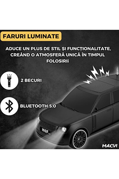 MACVI Boxa Portabila Macvi®, Bluetooth 5.0 cu design de masina, lumina, USB si panou solar, negru