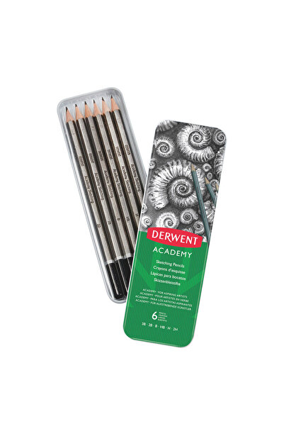 Derwent Set de 6 creioane Academy Graphite 3B-2H, calitate superioară, cutie metalică