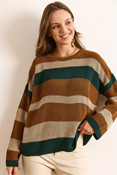 Olalook Γυναικείο πλεκτό πουλόβερ με λαιμόκοψη σελανικό ριγέ πλεκτό πουλόβερ KZK-19000976