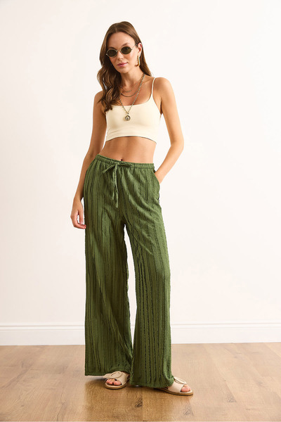 Olalook Women's Khaki Textured Elastic Waist Draped Trousers with Pockets Pnt-19000333
