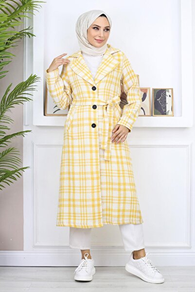 Missvalle Plaid Şanel Kaşe Coat Yellow 19137