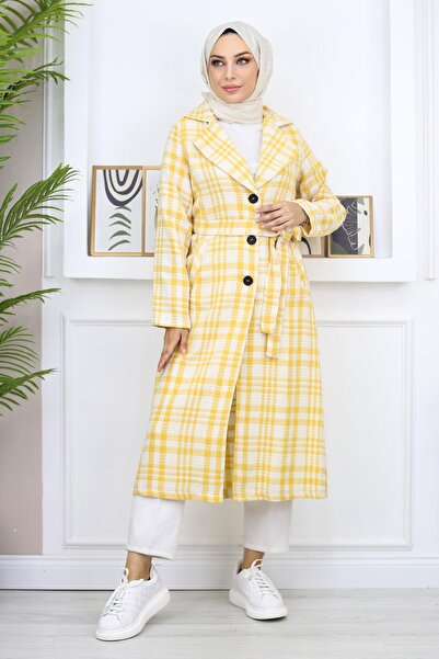 Missvalle Plaid Şanel Kaşe Coat Yellow 19137
