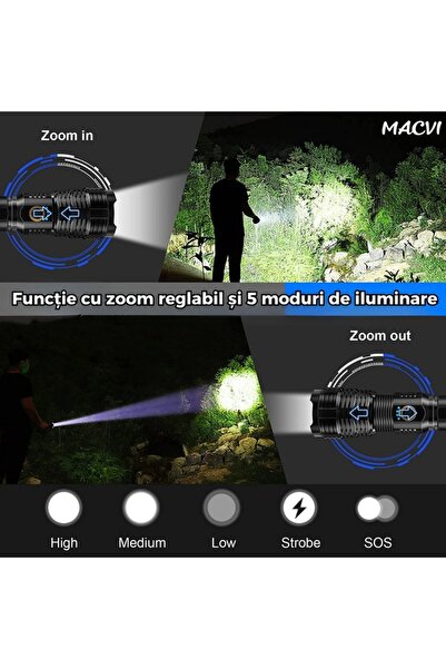 MACVI Macvi® Professional LED Flashlight 500m+, Aluminum, 4.2V, IP67, Battery Included, 12h Operation