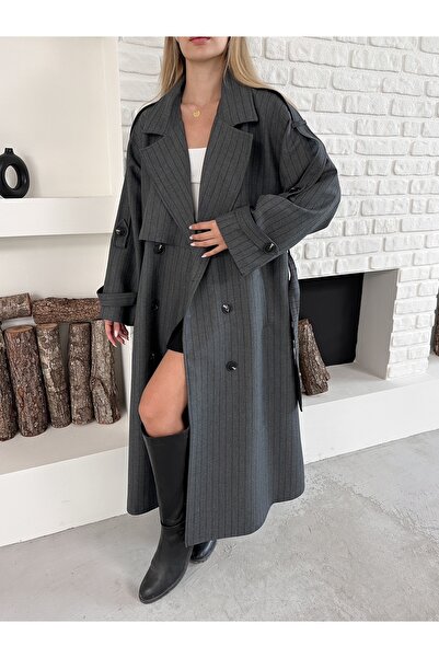 Ekim Store Striped Cape Buttoned Belted Coat